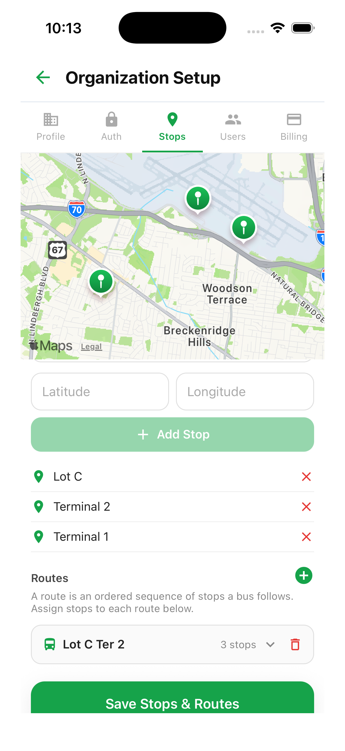 Shuttler setup stops